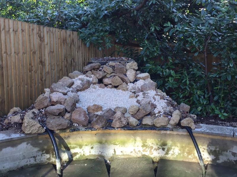 Communal pond waterfall repair and aquatic vegetation installation Camberley, Surrey