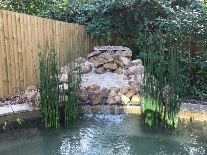 Communal pond waterfall repair and aquatic vegetation installation Camberley, Surrey