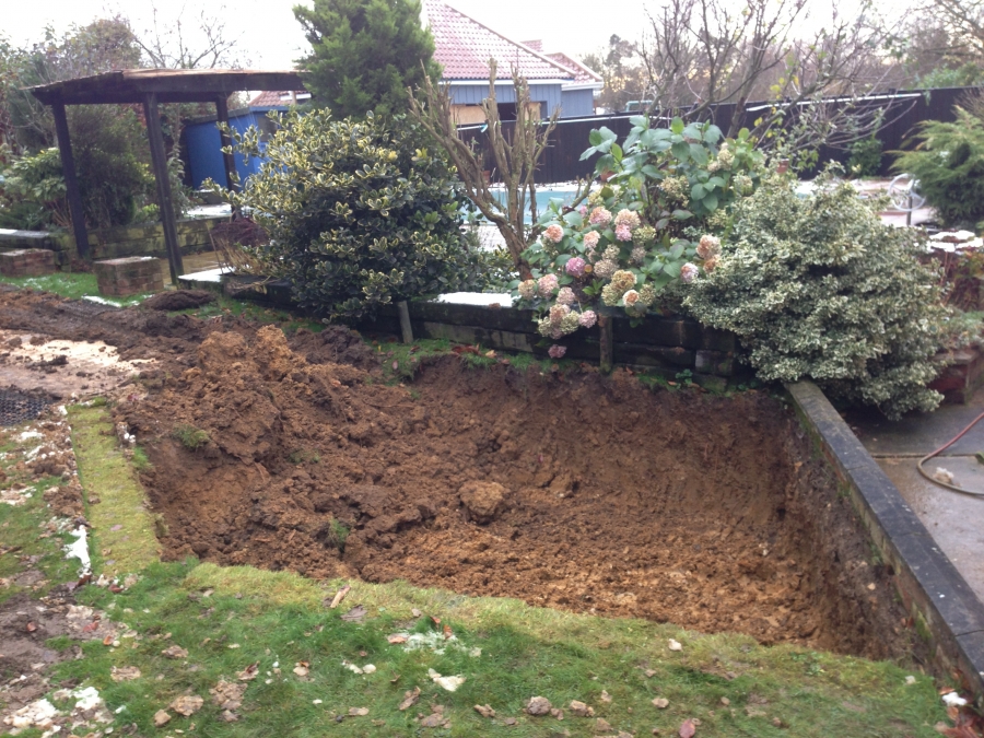 Railway sleeper pond construction Bulmer Tye Essex