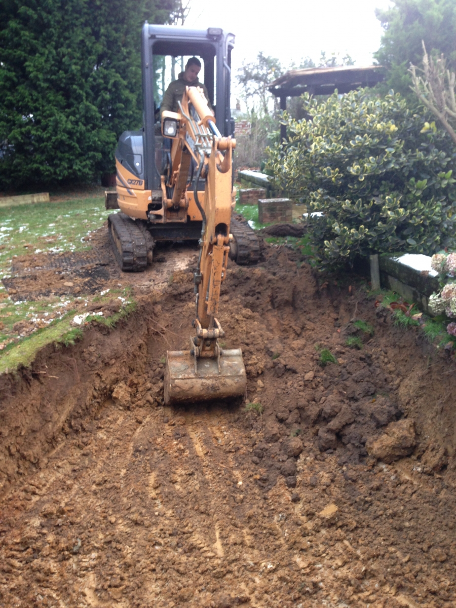 Railway sleeper pond construction Bulmer Tye Essex